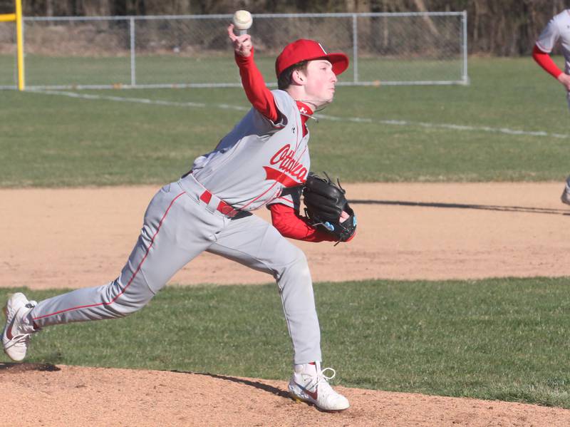 Ottawa's Colin Fowler lets go of a pitch against St. Bede on Wednesday, March 20, 2024 at St. Bede Academy.