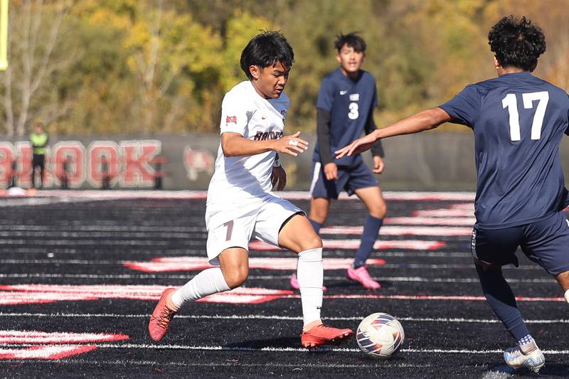 Bolingbrook’s Aiden Montes works the ball against West Aurora in the Class 3A Bolingbrook Regional championship match on Saturday, Oct. 26, 2024 in Bolingbrook.