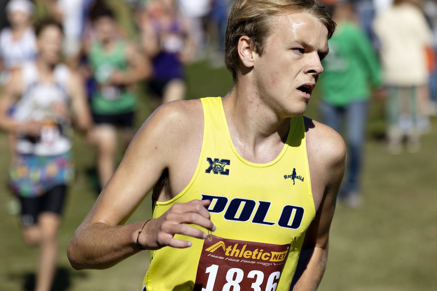 Polo’s Carson Jones takes 25th during the boys varsity race at the Amboy Columbus Day Invitational Monday, Oct. 10, 2022.