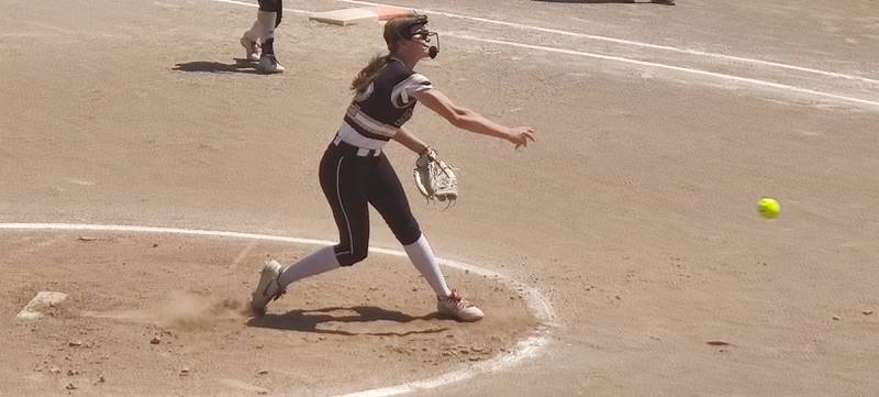 Sycamore starter Alyssa Wilkerson delivers a pitch against DeKalb on Saturday, May 20, 2023. The Spartans beat the Barbs, 12-2.