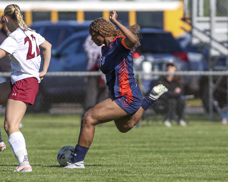 Oswego's Jordyn Washington (18) kicks on goal during a soccer match between Plainfield Noy, May 11, 2026 in Oswego.