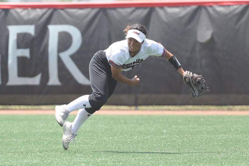 Antioch’s center fielder Eden Echevarria match a throw to first for the double play against Lemont in the Class 3A state championship game on Saturday, June 10, 2023 in Peoria.