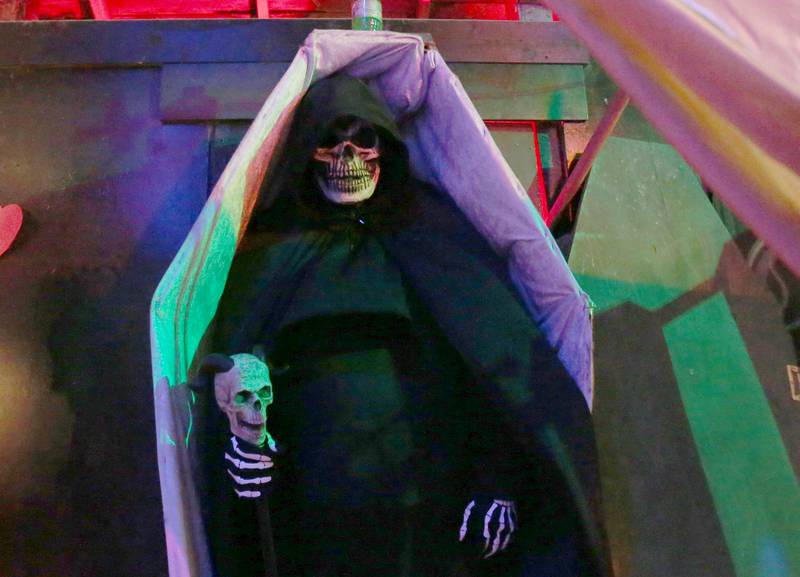 A character lays in a coffin during the Nightmare Haunted Attraction on Saturday, Oct. 14, 2023 at the Bureau County Fairgrounds in Princeton.