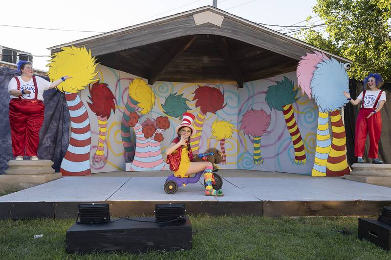 Cast members for PACT’s rendition of “The Seussification of a Midsummer Night’s Dream,” rehearse a scene Wednesday, July 9, 2025, at Louise Quick Park in Polo.