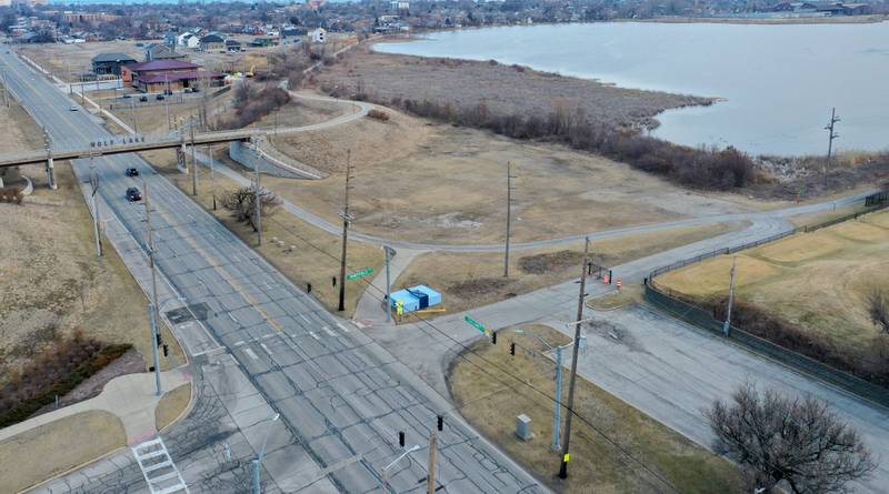 An aerial view of the Wolf Lake Memorial Park in the 2300 block of Calumet Avenue is a potential site of the new Chicago Bears stadium on Saturday, Feb. 21, 2026 in Hammond Ind.