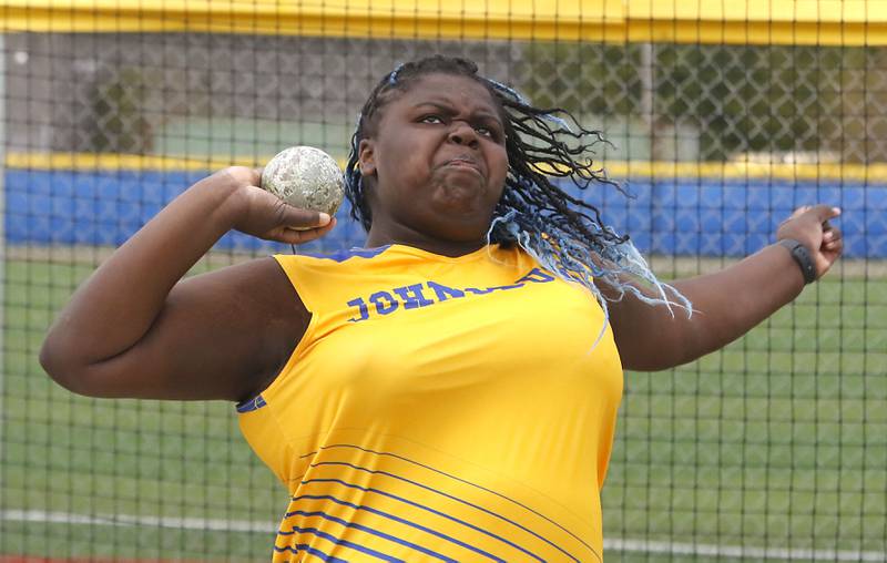 Johnsburg’s Stori Hurckes throws the shot put during the IHSA Class 2A Johnsburg Girls Track and Field Sectional Meet on Wednesday, May 13, 2026, at Johnsburg High School.