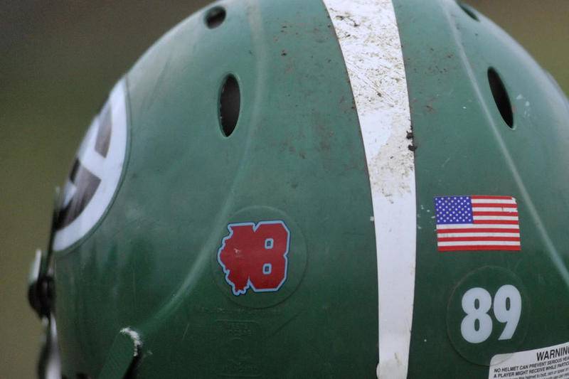 Alden-Hebron's Melanie Georgi sports an Illinois 8-Man Football Association logo on the back of her helmet during practice Nov. 6 in Hebron. A-H coach John Lalor has been a driving force behind the 8-man football movement in Illinois.