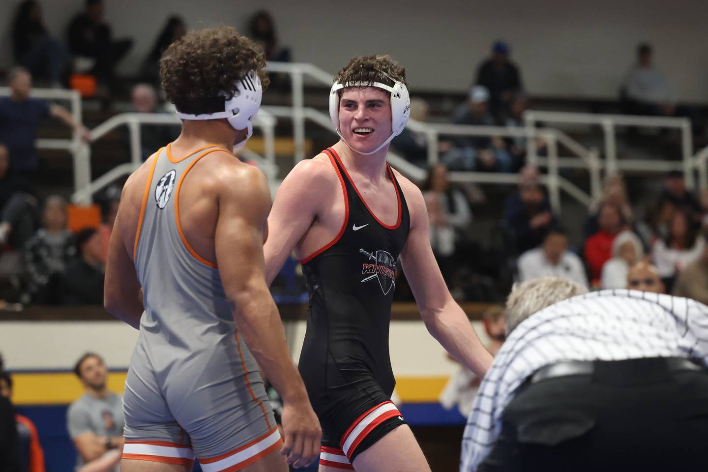 Lincoln-Way Central’s Tim Key has words of encouragement in his one point win over Romeoville’s Mason Gougis in the Joliet Central McLaughlin Classic on Saturday, Dec. 2, 2023 in Joliet.