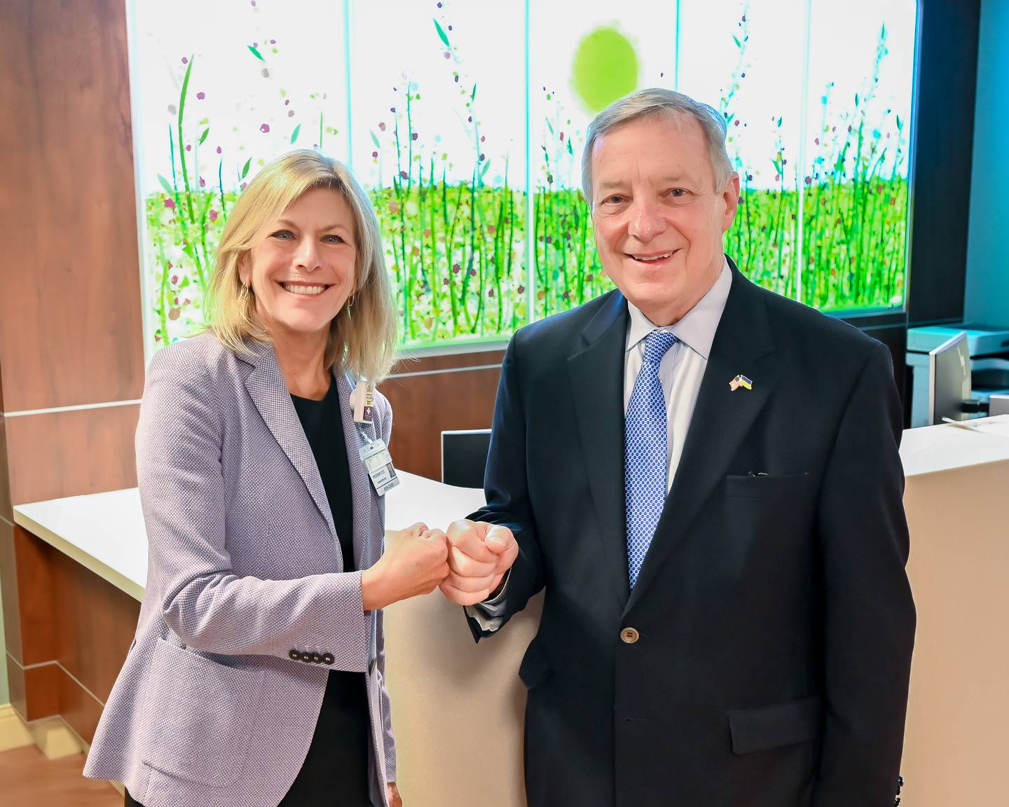 U.S. Sen. Dick Durbin, D-Illinois (front, left) toured the future Amy, Matthew and Jay Vana Neonatal Intensive Care Unit at Silver Cross in New Lenox on Wednesday, April 20, 2022. Durbin is pictured with Silver Cross Hospital President and CEO Ruth Colby.
