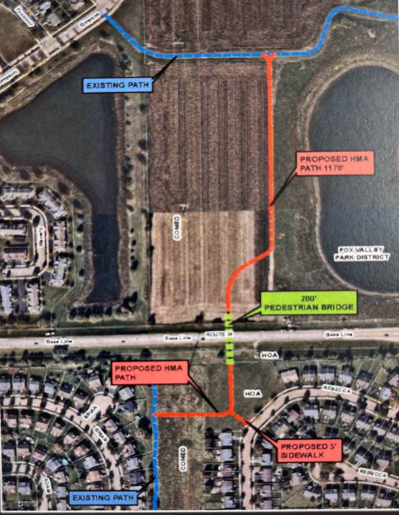 Location of a proposed pedestrian bridge spanning Route 30 on Montgomery’s far west side.