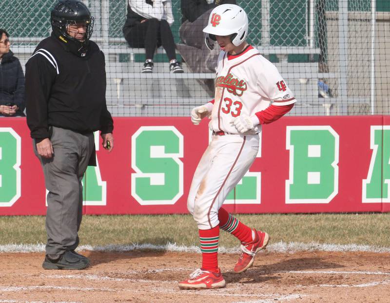L-P's Jett Hill scores a run against Mendota on Thursday, April 3, 2025 at Huby Sarver Field inside the L-P Athletic Complex in La Salle.