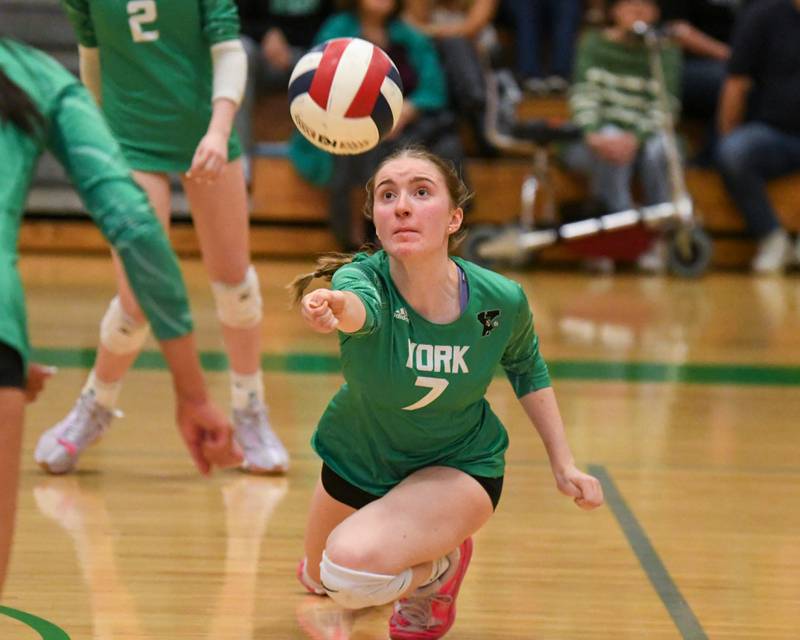 York's Elyse Smith (7) dives for the ball on Tuesday Oct. 22, 2024, while taking on Downers Grove North held at York High School in Elmhurst.