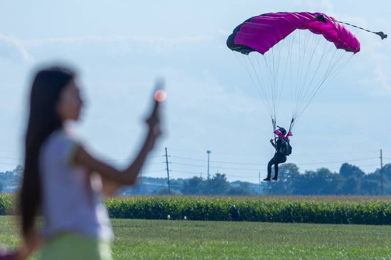 Skydiver lands in drop zone on Friday, Aug 22, 2025 above Skydive Chicago in Ottawa.