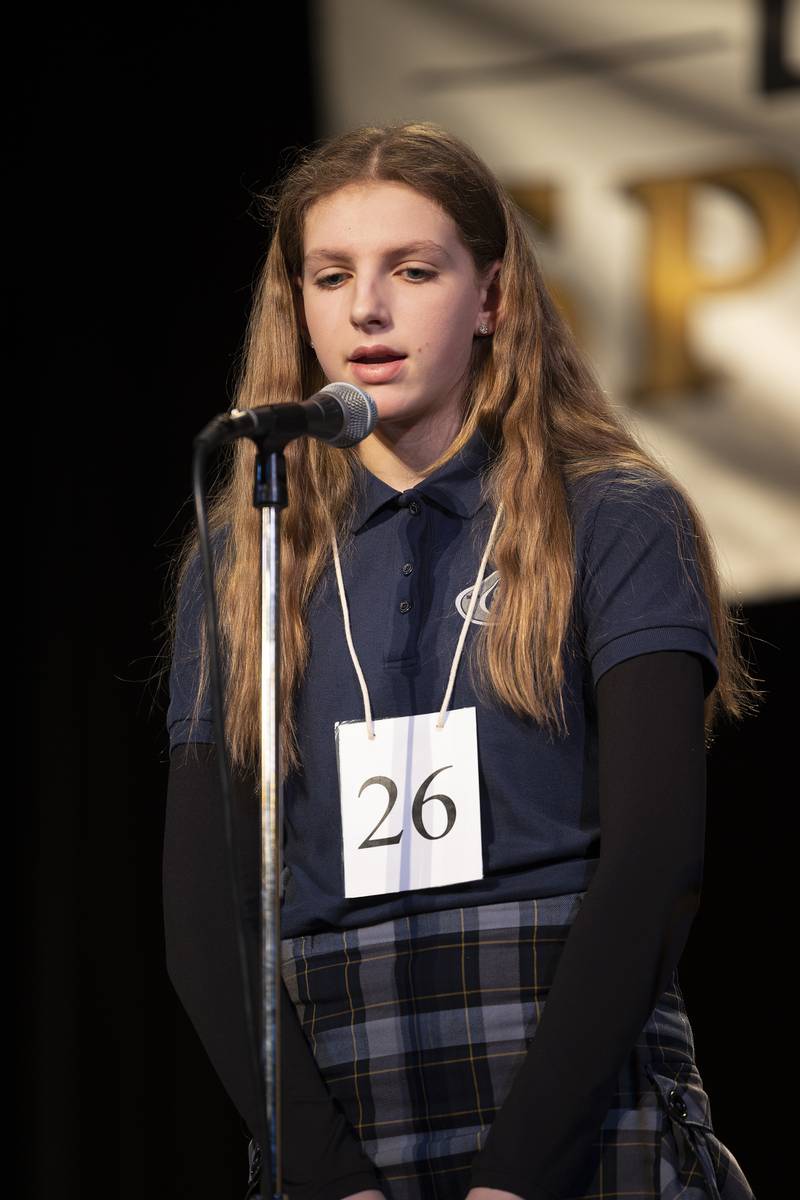 Kate VonHolten of St. Mary’s School in Sterling went out on the word accentuate in round four Thursday, Feb. 20, 2025, at the Lee/Ogle/Whiteside County Spelling Bee.