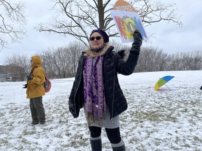 Carisa Bendel protests an event featuring conservative activist Charlie Kirk on Saturday, Feb. 25, 2023, at Holiday Inn in Crystal Lake.