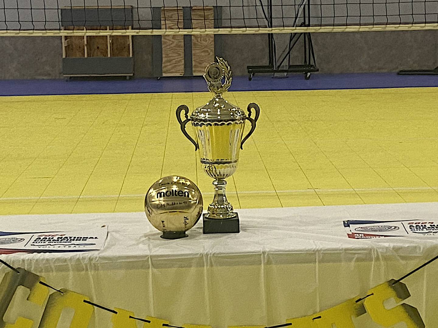 The trophy and gold volleyball earned for the national championship is on display at UNO Volleyball, located at 570 Joyce Road in Joliet.