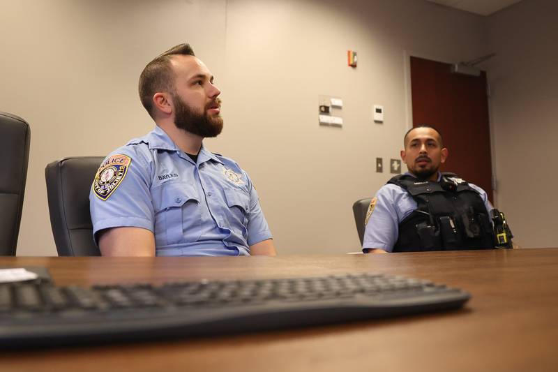 Joliet Police Officer Tyler Bayles, left, and Officer Jesus Mendez both joined the force in 2018. Officer Bayles and his partner Officer Mendez were recently named the VFW Cantigny Post's 2023 Officer of the Year.