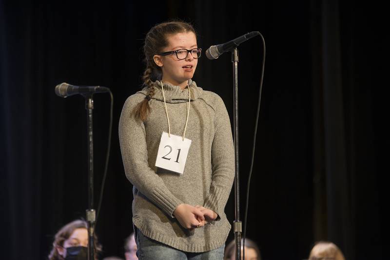 Preslee Sanders of Kings Elementary School competes in the Lee-Ogle-Whiteside Regional Spelling Bee Thursday, Feb. 24, 2022. Sanders misspelled "Yankee."