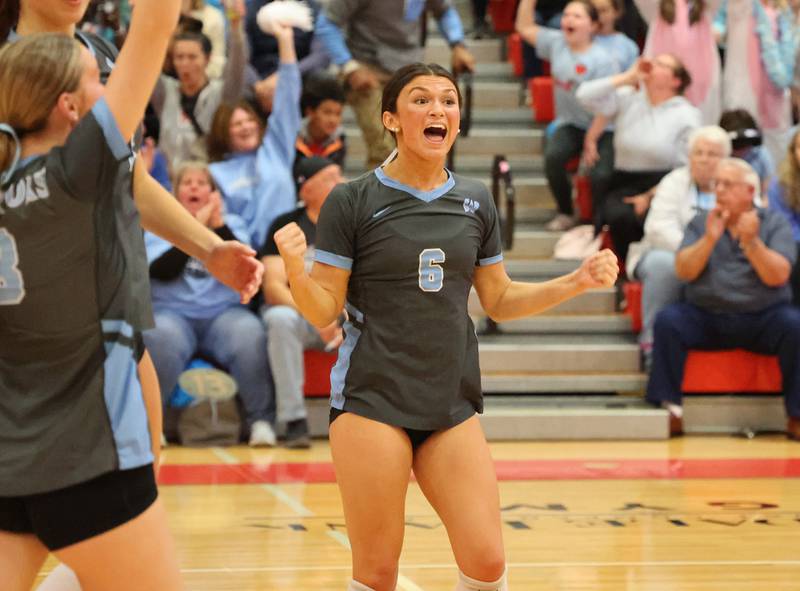 Willowbrook’s Hannah Kenny (6) reacts to a point against Oak Park-River Forest during the 4A girls varsity volleyball sectional final match at Hinsdale Central high school on Wednesday, Nov. 1, 2023 in Hinsdale, IL.