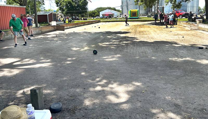 Participants practice forthe Rolle Bolle tournament at Hooppole Fun Day on Saturday, June 28, 2025 in Hooppole.