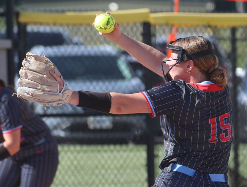 Ottawa pitcher Addie Russell lets go of a throw to Dunlap during the Class 3A semifinal game on Tuesday, May 26, 2026 at the L-P Athletic Complex in La Salle.