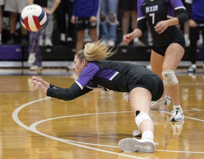 Dixon’s Morgan Hargrave digs a ball against L-P Tuesday, Oct. 29, 2024, at the class 3A regional semifinal in Dixon.
