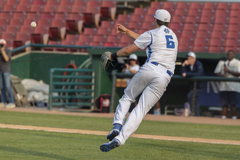 Newman’s Evan Bushman throws to first against Chicago Hope Monday, June 2, 2025, during the Class 2A Supersectional at Northwestern Medicine Field in Geneva.