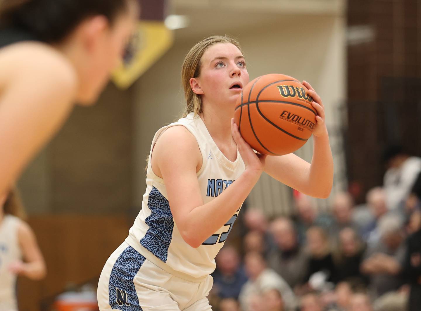 Nazareth's Amalia Dray (25) shoots a freethrow during the girls 3A varsity super-sectional game between Nazareth Academy and Fenwick High School in River Forest on Monday, Feb. 27, 2023.