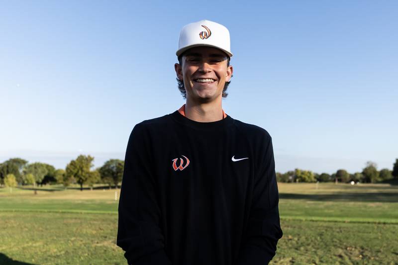 Lincoln-Way West’s Drake Been takes a photo prior to teeing off at the IHSA Boys’ Class 3A Sectional at Wedgewood Golf Course in Plainfield on Oct. 6, 2025.