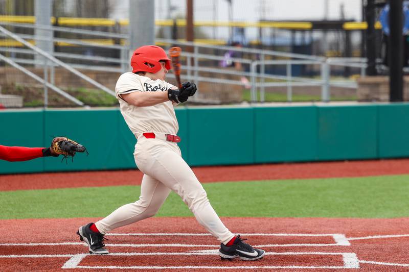 Bradley-Bourbonnais' Cody Youngblood watches his hit in the second inning during the Boilermakers' 8-7 loss to Homewood-Flossmoor on Monday, April 13, 2026.