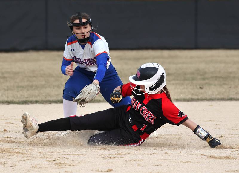 Genoa-Kingston’s Brooklynn Ordlock tries to tag Indian Creek’s MaKenna Barshinger on a stolen base attempt during their game Tuesday, March 18, 2025, at Indian Creek High School in Shabbona.