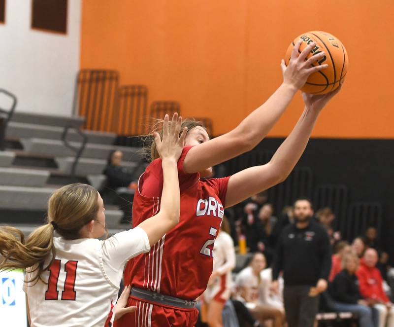 Oregon's Aniyah Sarver rebounds against Stillman Valley at the 2A Winnebago Regional on Monday, Feb. 16, 2026 at Winnebago High School.