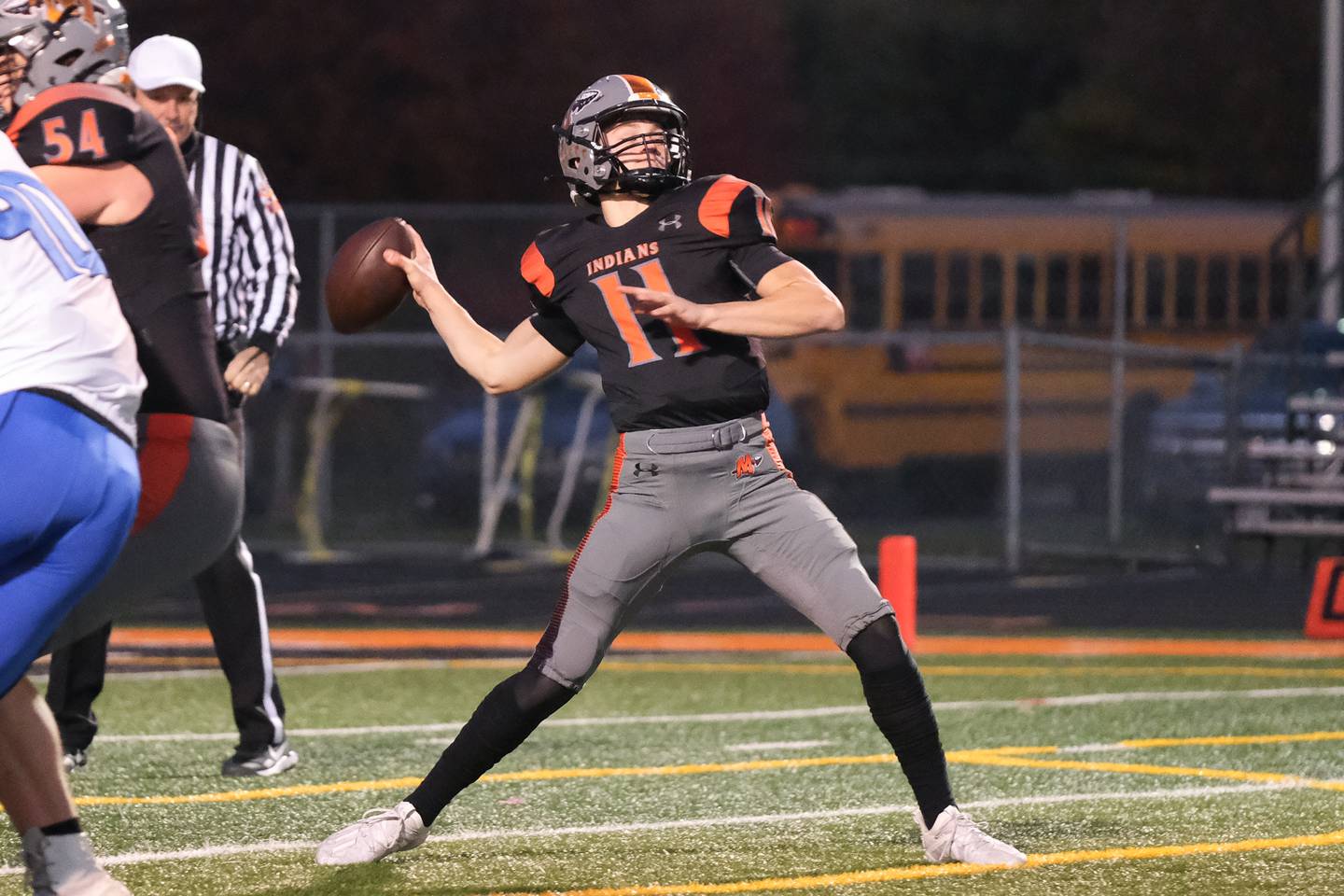 Minooka's Gavin Dooley throws a deep pass against Lincoln-Way East in the Class 8A 2nd round playoffs in Minooka on Saturday, Nov. 6, 2021.