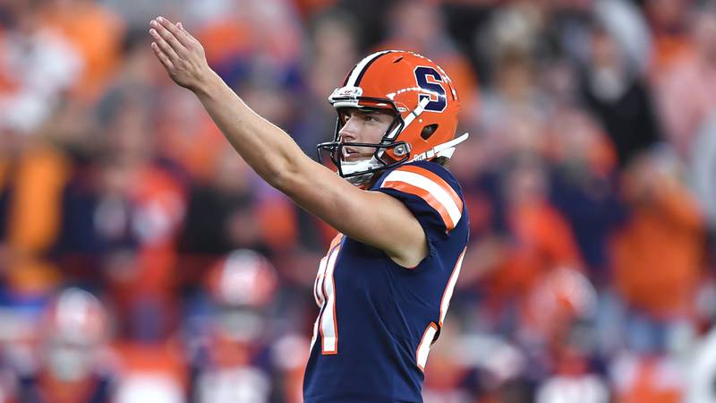 Syracuse kicker Andre Szmyt lines up a kick during the first half against Virginia on Friday, Sept. 23, 2022 in Syracuse, N.Y.