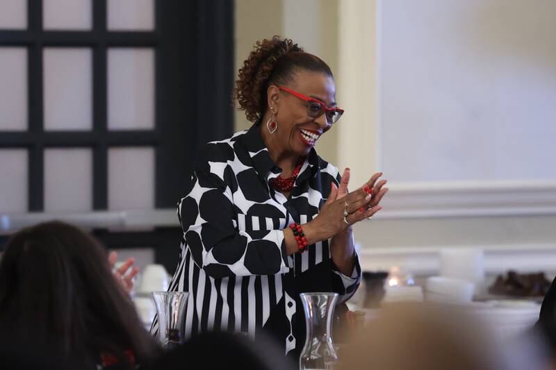 Edna Brass, a retired JTHS educator, is recognized along with other for their involvement with the JTHS CEO Program at the Joliet Township High School’s annual Salute To Service Partnership Recognition dinner on Tuesday, April 9, 2024 in Joliet.