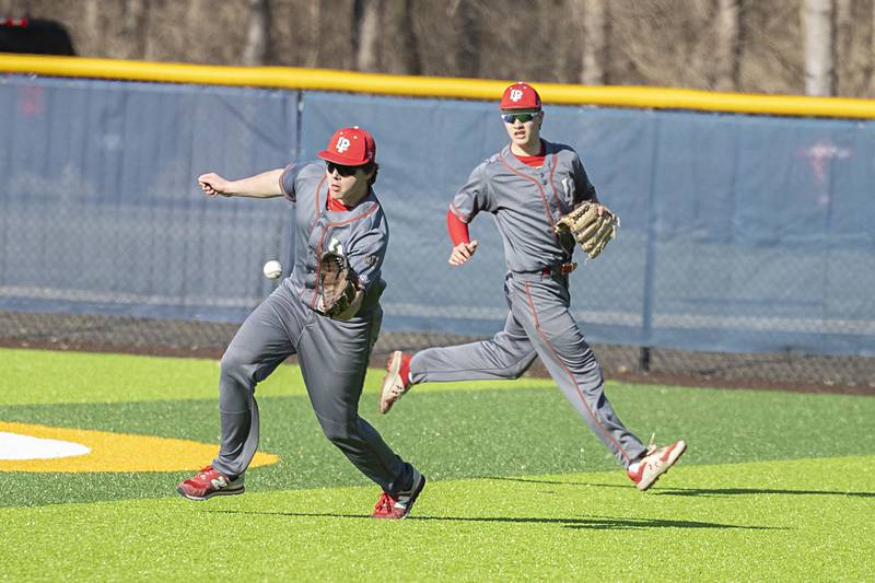 Lasalle-Peru’s Gage Starkey fields a single in right field against Sterling Monday, March 27, 2023.