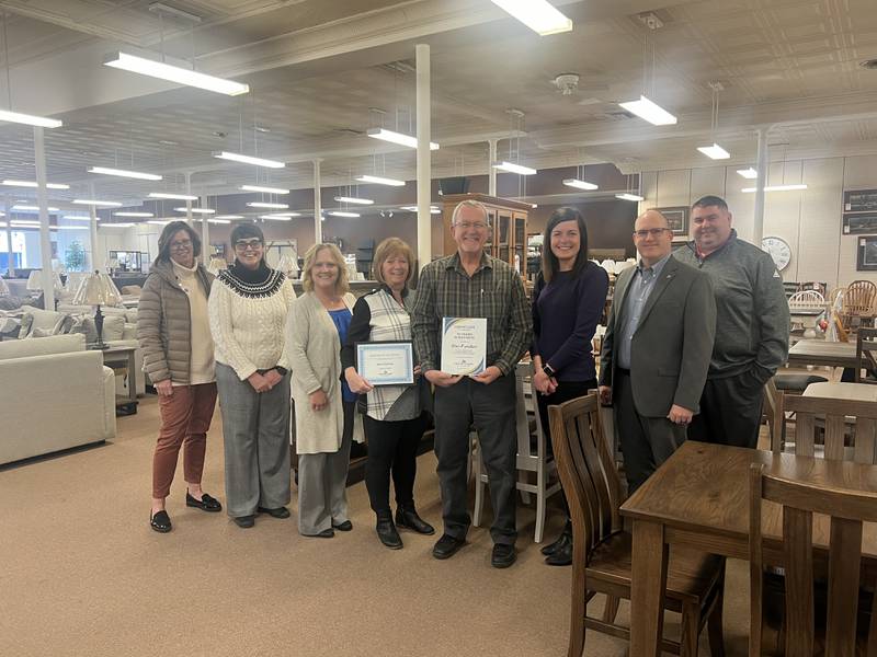 Pictured: Lori Snell (Chamber Board), Lisa Piecha and Melissa Givens (Chamber Ambassadors), Cheri & Don Schmitt (owners), Courtney Levy (Chamber Exec), Ben Hiltabrand and Ryan McGuckin (Chamber Board).