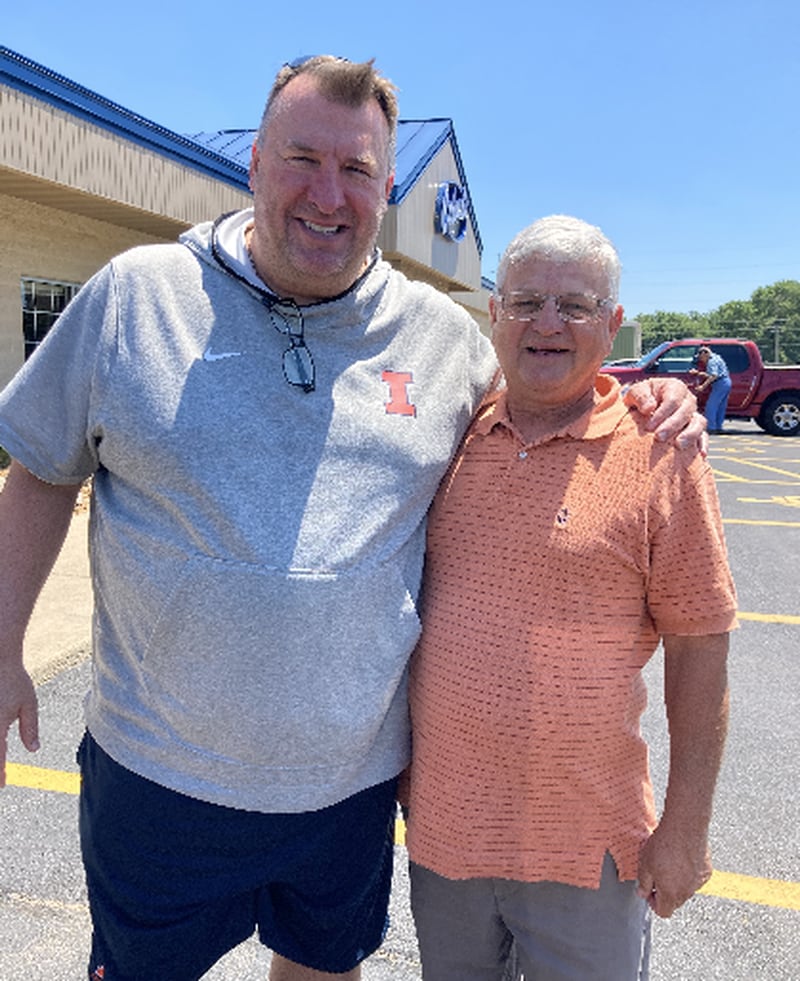 Steve Danielson (left) of Wyanet met University of Illinois football coach Bret Bielema, who stopped in at the Princeton Culver's on a trip back to Champaign from his hometown Prophetstown Sunday.