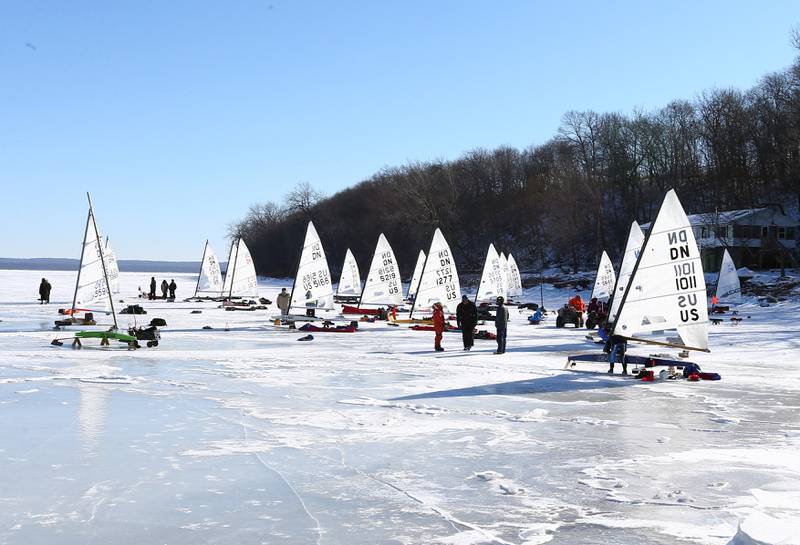 Ice boat racers prepare to race on Senachwine Lake on Wednesday Jan. 26, 2022 near Putnam.