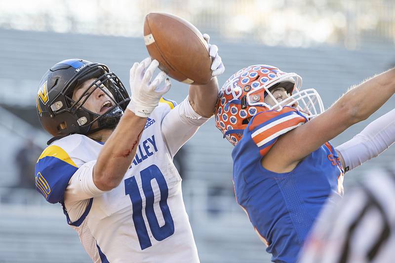 Tri-Valley’s Grant Fatima gets his hands on a pass but can’t pull it in at the end of the game against St. Teresa Decatur in the class 2A IHSA football state championship game Friday, Nov. 25, 2022. Tri-Valley lost 29-22.