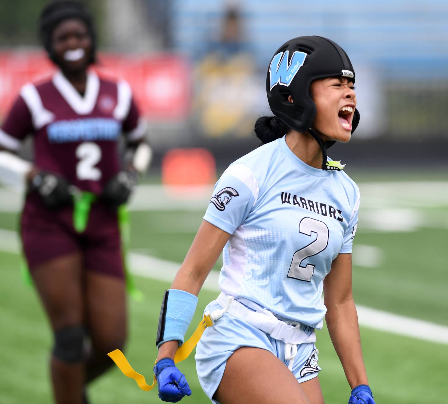 Willowbrook’s Leigh Bernardo celebrates a sack of the Chicago Perspectives quarterback during the third-place game of the girls flag football state tournament  on Saturday, Oct. 18, 2025 in Villa Park.
