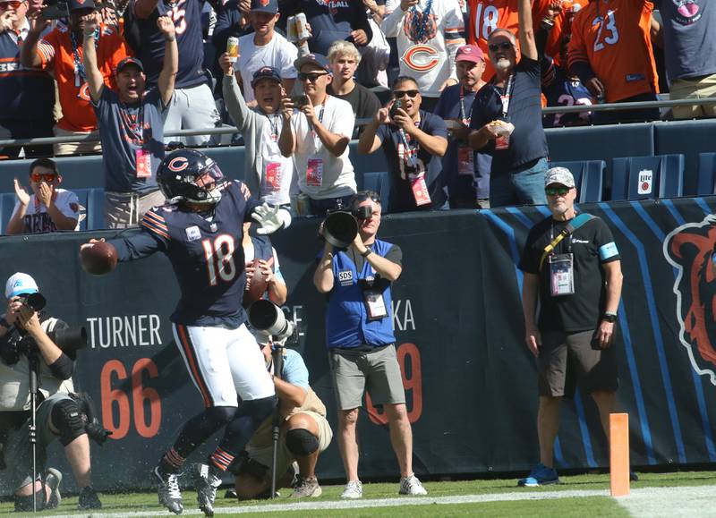 Chicago Bears quarterback Caleb Williams dances in the end zone after scoring a touchdown against the Carolina Panthers on Sunday, Oct. 6, 2024 at Soldier Field in Chicago.