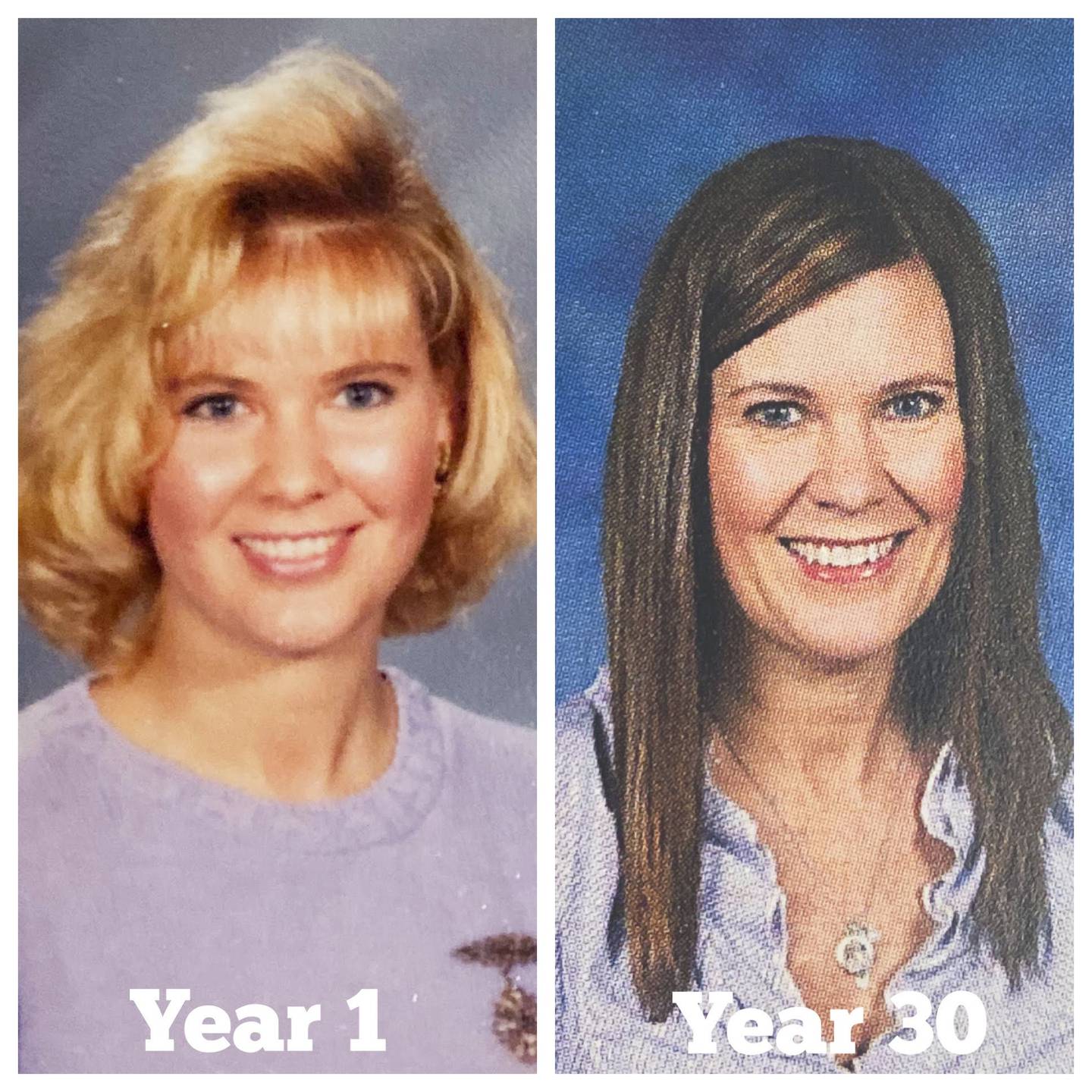 Shelly Schmidt in her first year teaching and her 30th year teaching. (Photo Provided)