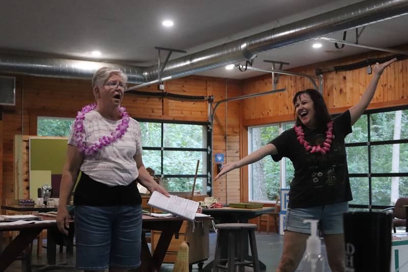Church basement ladies Marcia Sattelberg and Carrie Neal rehearse a scene in the Timber Lake Playhouse production of Church Basement Ladies which opens Friday, Sept. 8.