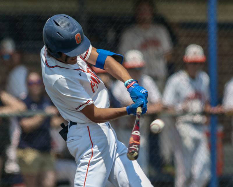 Oswego's Wade Menard (3) swings at a pitch during Class 4A Romeoville Sectional final game between Oswego East at Oswego.  June 3, 2023.