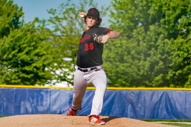 Yorkville's Preston Regnier (25) delivers a pitch against Oswego East during a baseball game at Oswego East  High School on Monday, May 6, 2024.