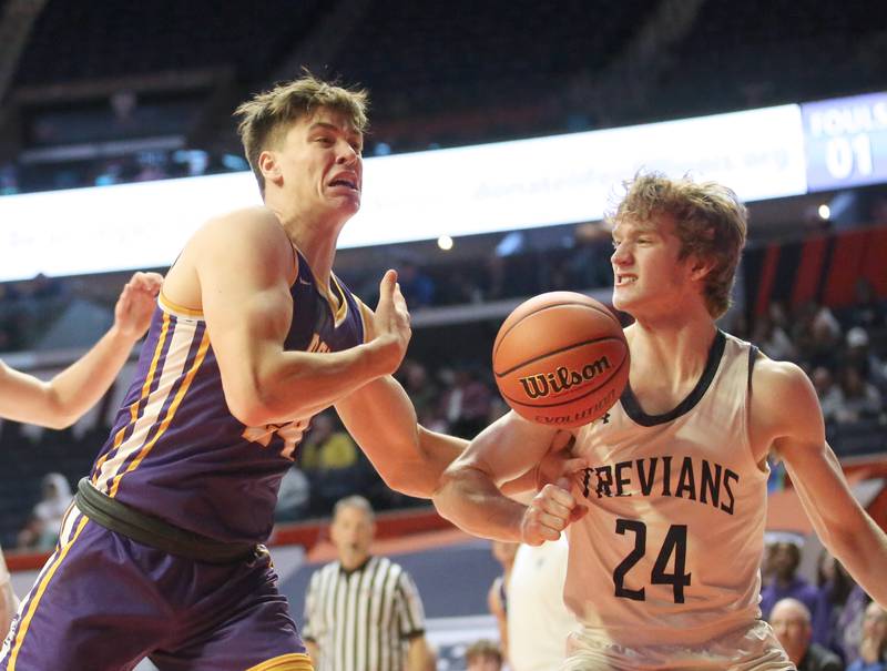 Downers Grove North's George Wolkow looses control of the ball as it goes out of bounce while New Trier's Ian Brown defends in the Class 4A state third place game on Friday, March 10, 2023 at the State Farm Center in Champaign.