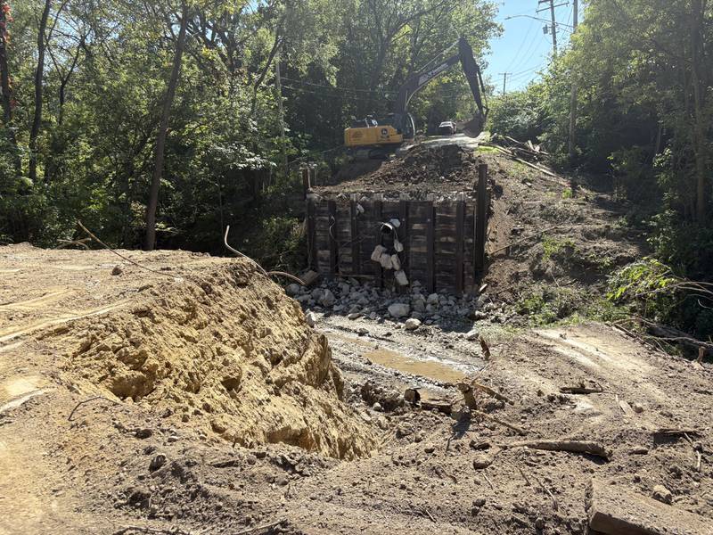 Crews work on the Kelly Street Bridge replacement project, seen from the north side of the bridge on Monday, Sept. 15, 2025.