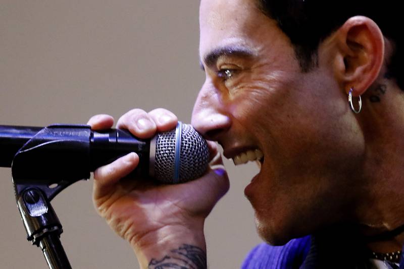 7th heaven’s Adam Heisler sings a song Wednesday afternoon, Nov. 22, 2023, during the 41st annual Turkey Testicle Festival at Parkside Pub, in Huntley. The pre-Thanksgiving festival featured live music, beer, and lots of deep-fried turkey testicles.
