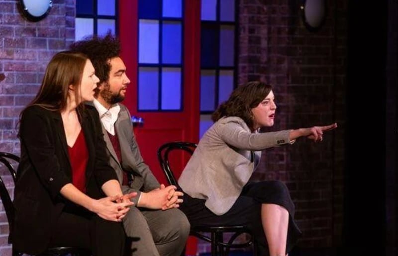 From left, Meghan Babbe, Jordan Savusa and Alison Banowsky perform on stage during the 2022 Laugh for a Cause. The Harbor House fundraiser will return on March 8 at the Quality Inn in Bradley.
